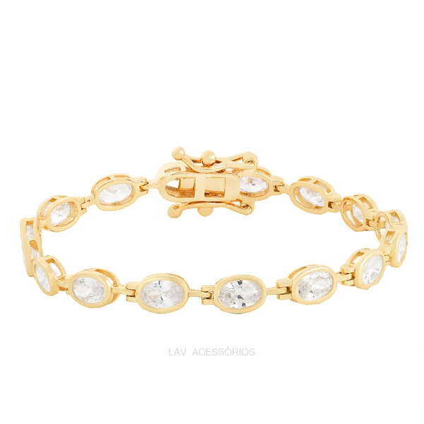 Pulseira Prata 925 Estilo Riviera Oval Inglesa Ouro