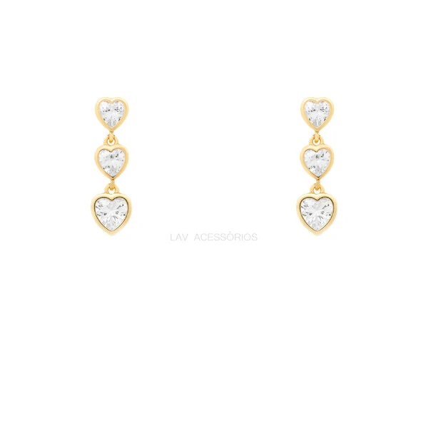 Brinco Prata 925 Trio Corações Inglesa Ouro