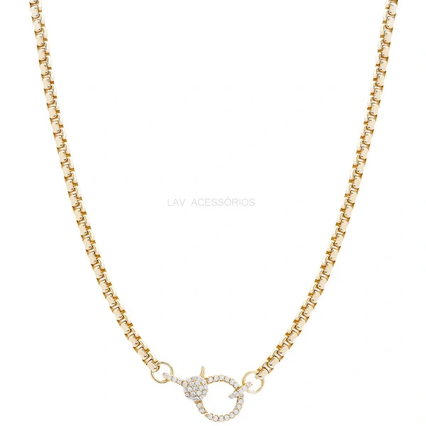 Colar Prata 925 Elo Entrelaçado Fecho Cravejado Ouro - 45 cm