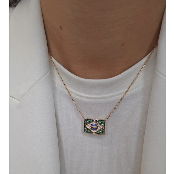 Colar Prata 925 Bandeira do Brasil Ouro