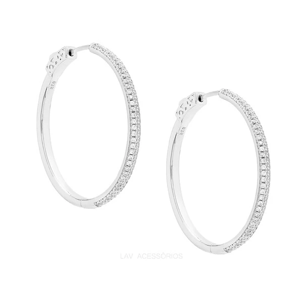 Brinco Argola Prata 925 Cravejada 3,5 cm
