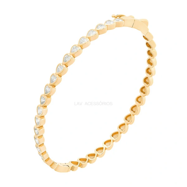 Bracelete Prata 925 Corações Inglesa Ouro