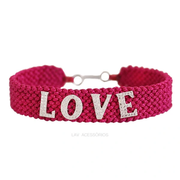 Pulseira Macrame Prata 925 LOVE Moissanite - Pink