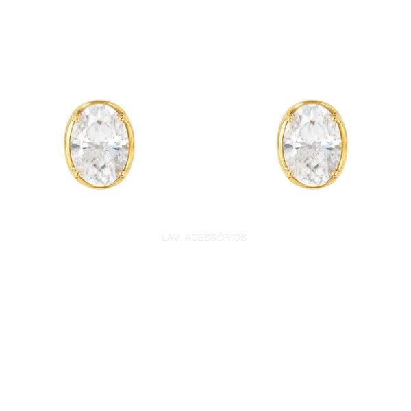Brinco Prata 925 Solitário Oval Moissanite 6x8 Ouro
