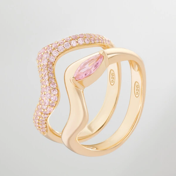 Anel Prata 925 Waves Detalhe Kunzita Ouro