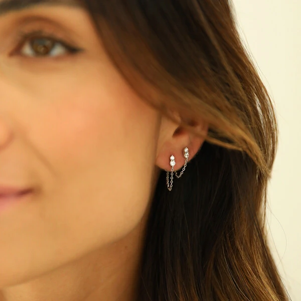 Brinco Prata 925 2 Pontos Correntinha Rodio