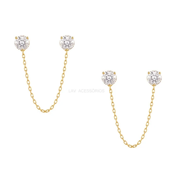 Brinco Prata 925 Duplo Correntinha Pontos 5 mm Moissanite
