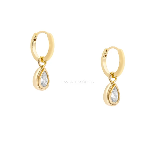 Argolinha Prata 925 Pingente Gota Inglesa Moissanite Ouro