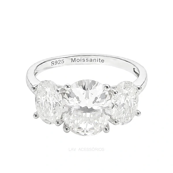 Anel Prata 925 Trio Oval Moissanites
