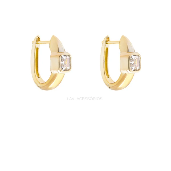 Argola Prata 925 Bold Cravação Inglesa Quadrado Cristal Ouro