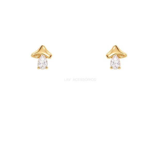 Brinco Prata 925 Cogumelo Gota Cristal