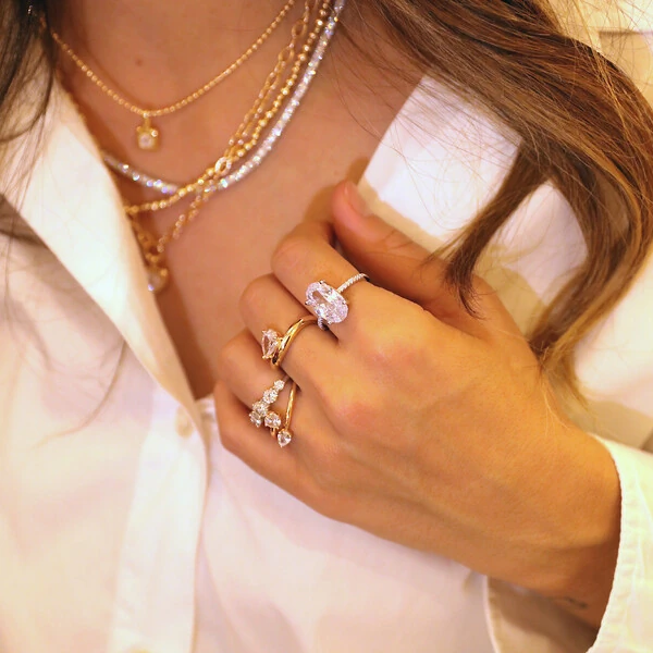 Anel Prata 925 Wave Gota Cristal Ouro