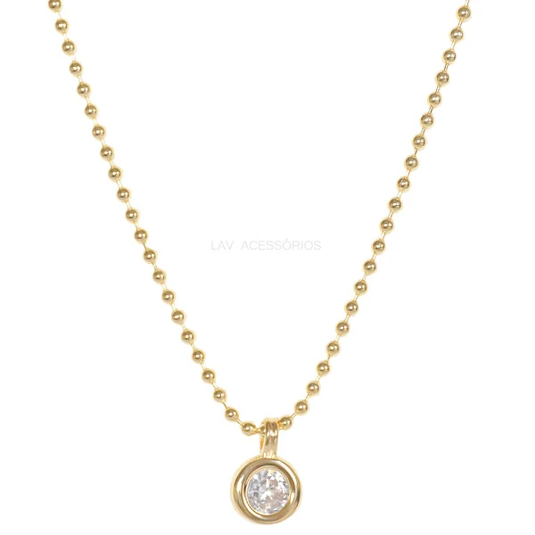 Colar Bolinhas Pingente Redondo Cristal Ouro