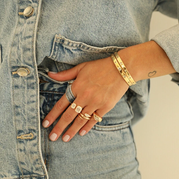 Anel Prata 925 Duplo Baguetes Moissanite Ouro