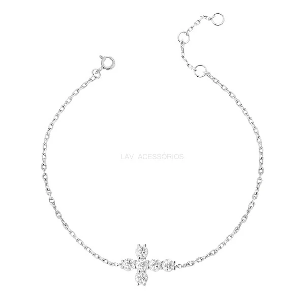 Pulseira Prata 925 Cruz Cravejada Moissanite 3,5 mm
