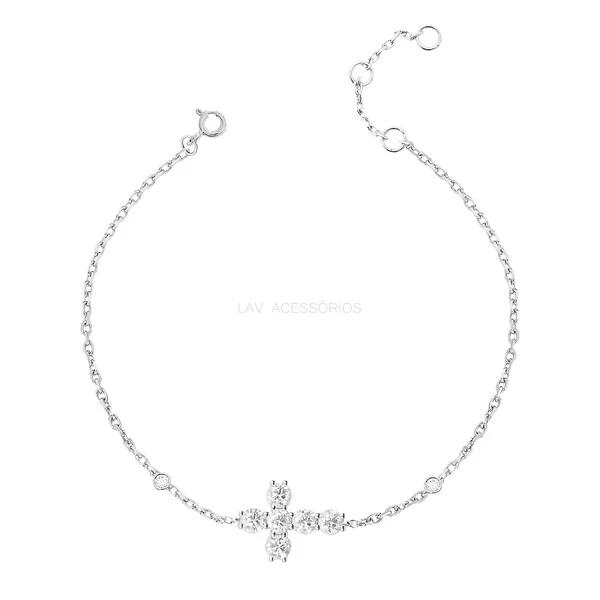 Pulseira Prata 925 New Cruz Cravejada Moissanite 3,5 mm