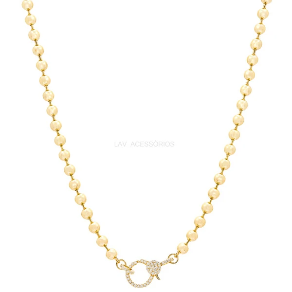 Colar Prata 925 Bolinhas 3 mm Fecho Cravejado Ouro - 45 cm
