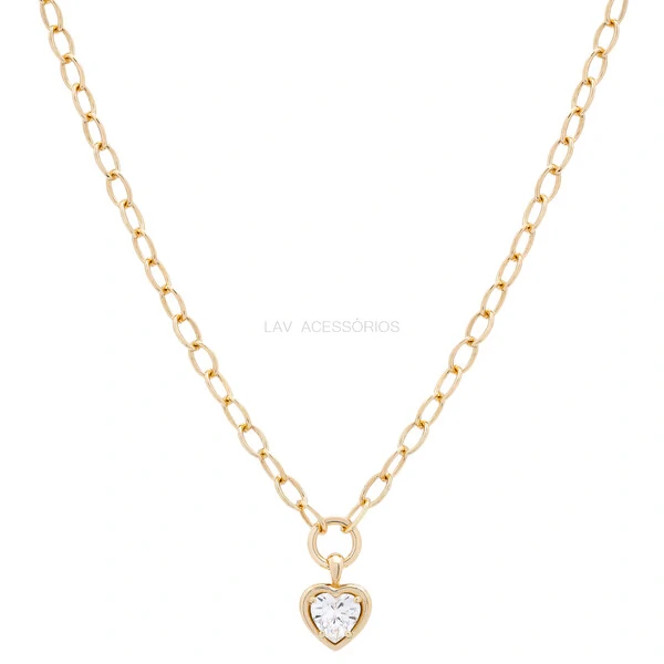 Colar Prata 925 Elos Arredondados Pin Coração Cristal Ouro
