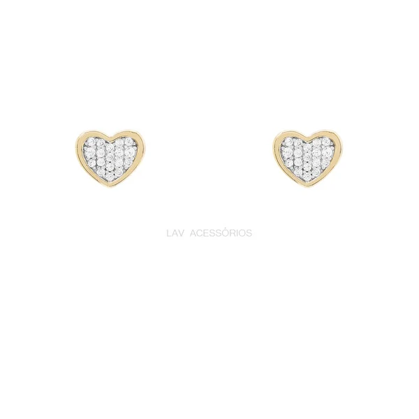 Brinco Prata 925 Coração Cravejado Borda Ouro