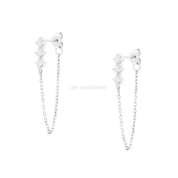 Brinco Prata 925 Trio Moissanite Correntinha