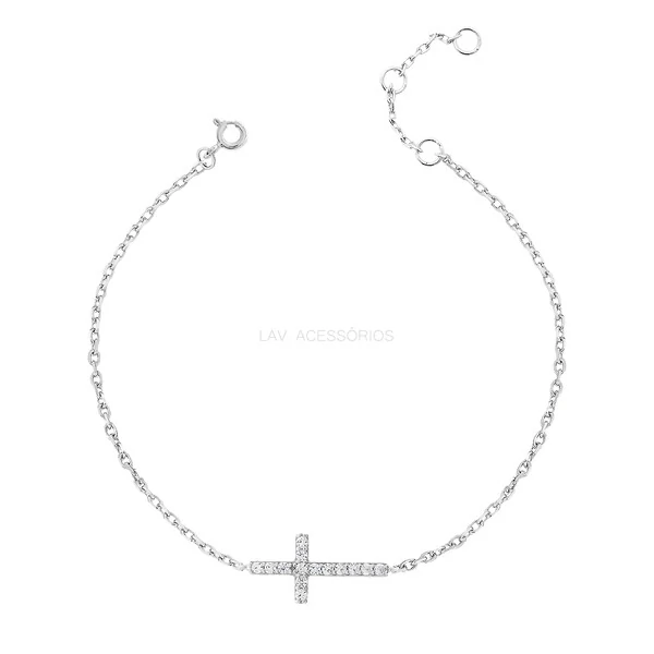Pulseira Prata 925 Delicada Cruz Cravejada Rodio