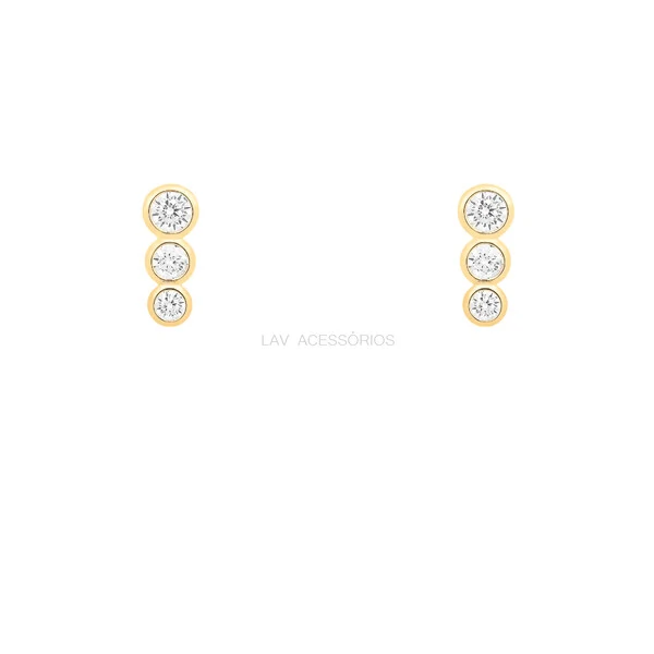 Brinco Prata 925 Cravação Inglesa Trio Pontos de Luz Ouro