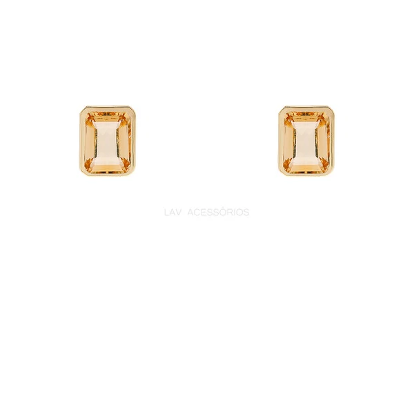 Brinco Prata 925 Retangular Cravação Inglesa Citrino Natural Ouro