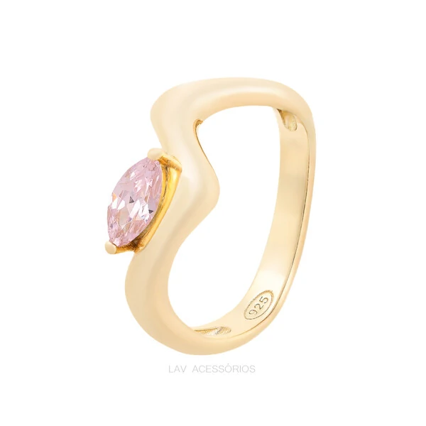 Anel Prata 925 Waves Detalhe Kunzita Ouro