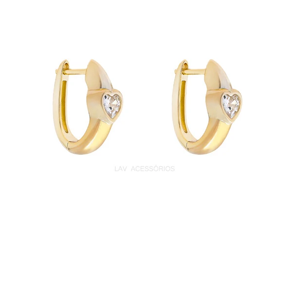 Argola Prata 925 Bold Cravação Inglesa Coração Cristal Ouro