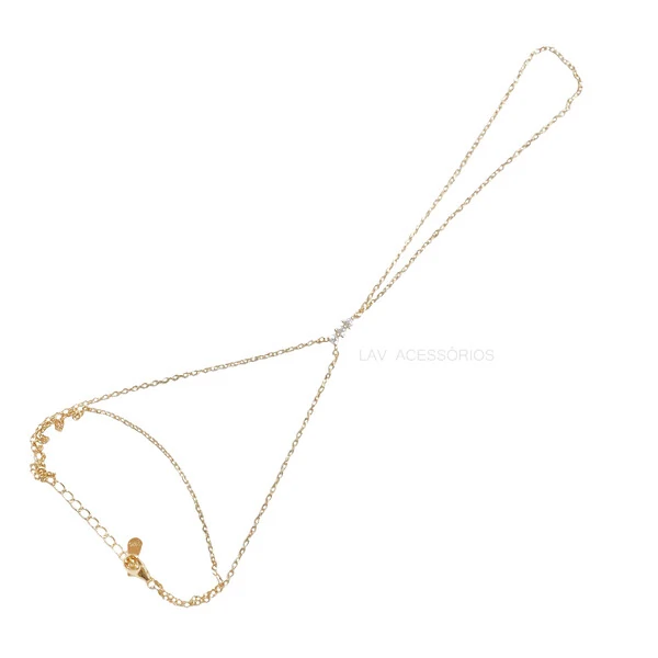 Pulseira de Mão Prata 925 Slim Detalhe 3 Zirconias Ouro