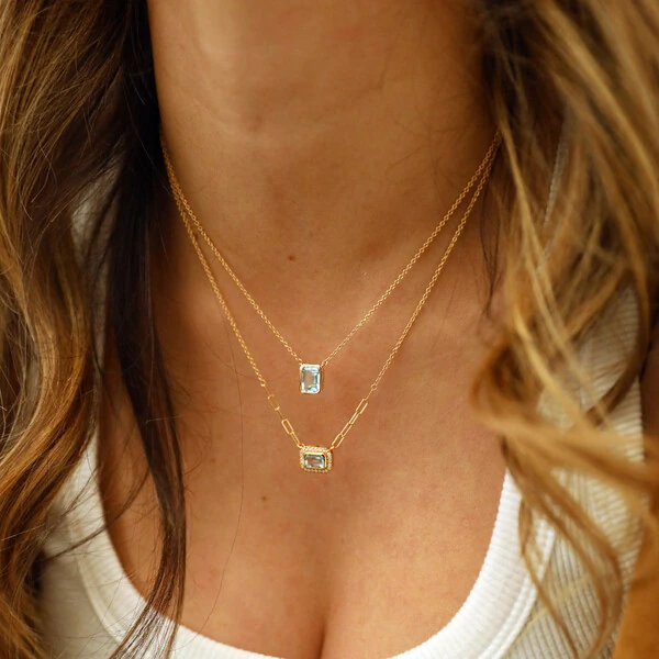 Colar Prata 925 Retangular Glam Topázio Azul Natural Ouro