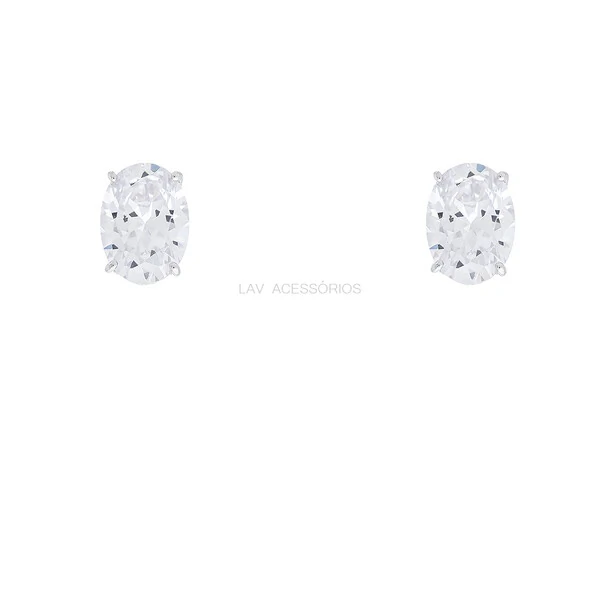 Brinco Prata 925 Soltário Oval Moissanite 7x10 mm
