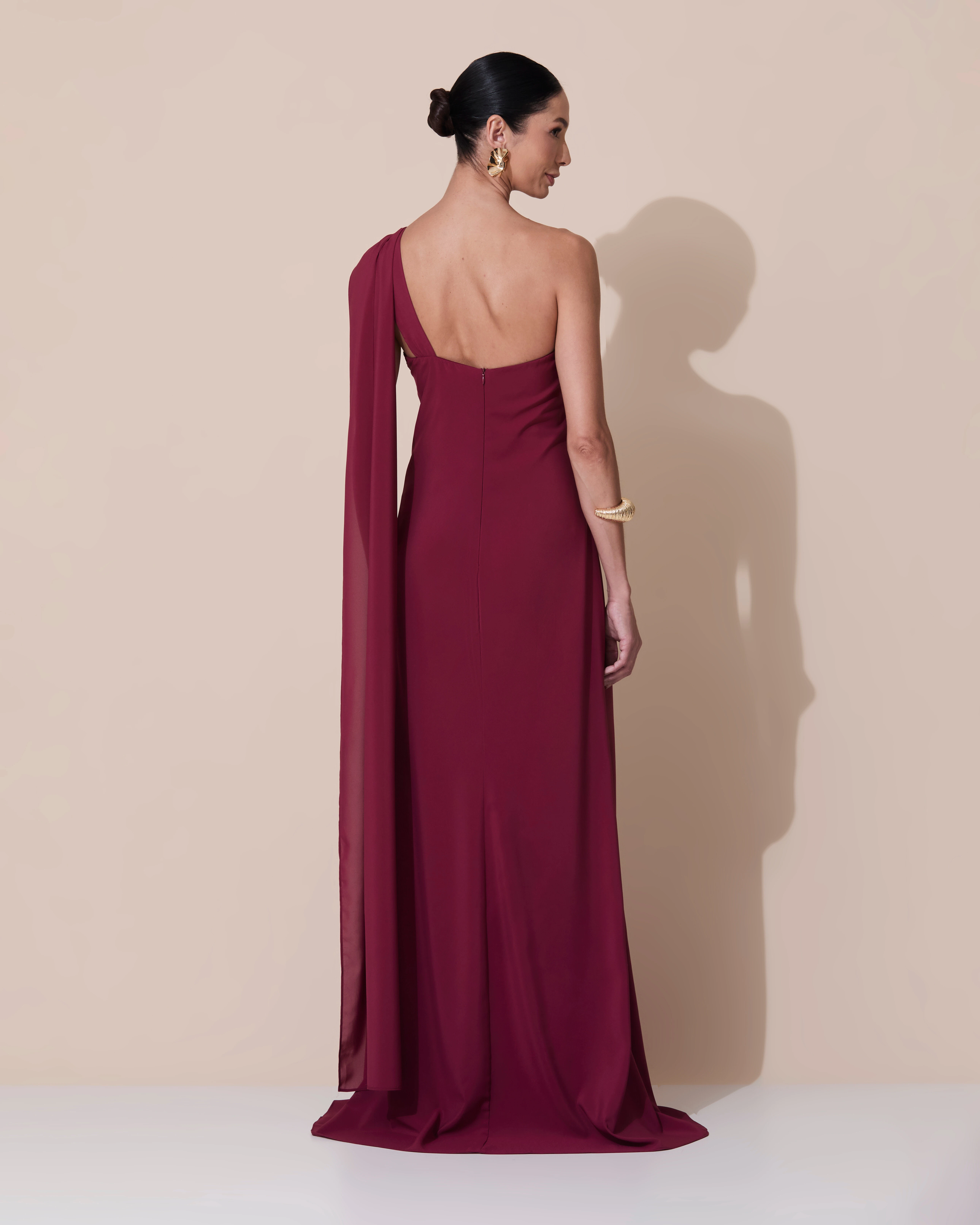 Foto Vestido de Festa Longo Crepe Chiffon Um Ombro Só Drapeado Marsala New