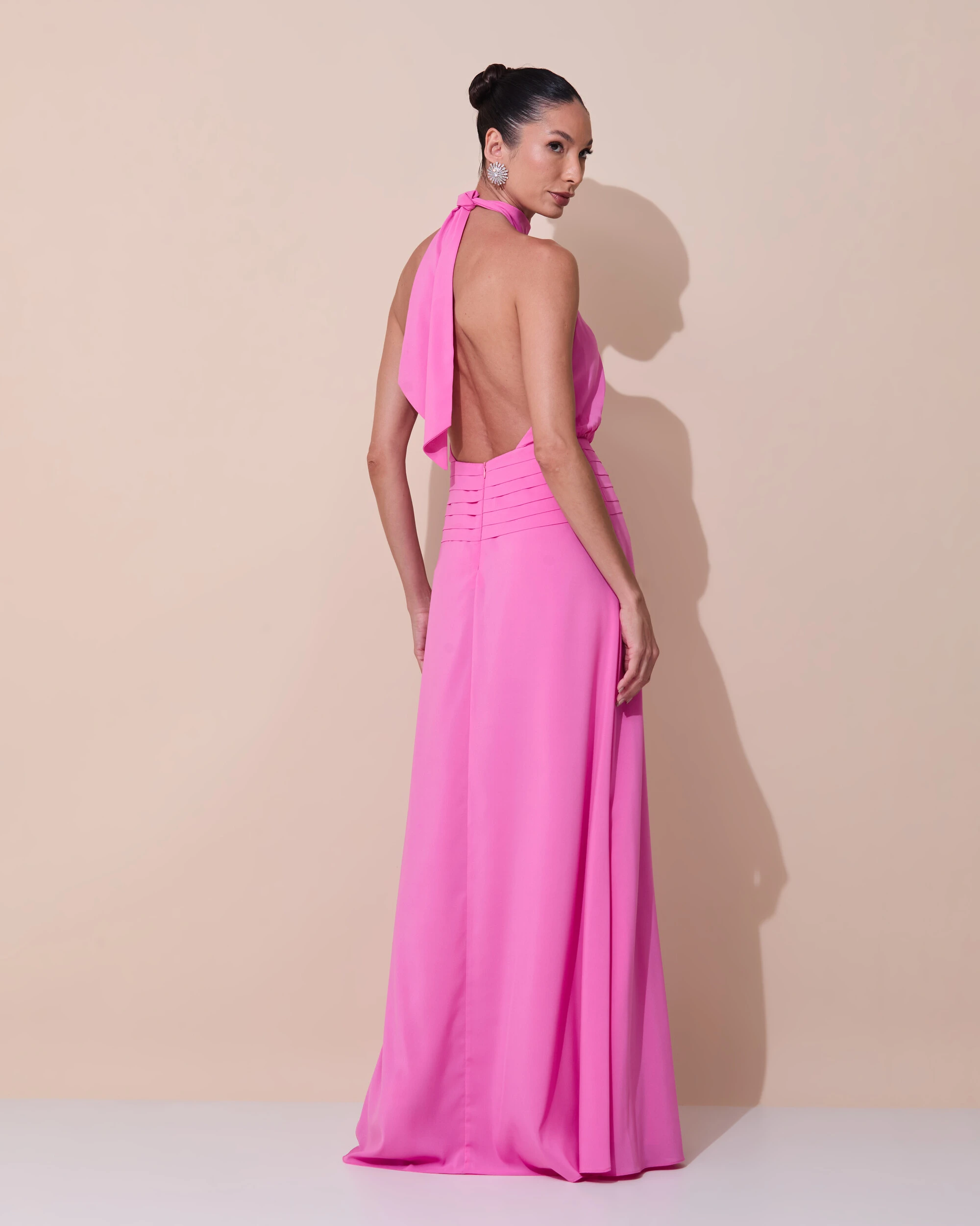 Foto Vestido de Festa Longo Frente Única Busto Blousê Crepe Chiffon Drapeado Rosa New