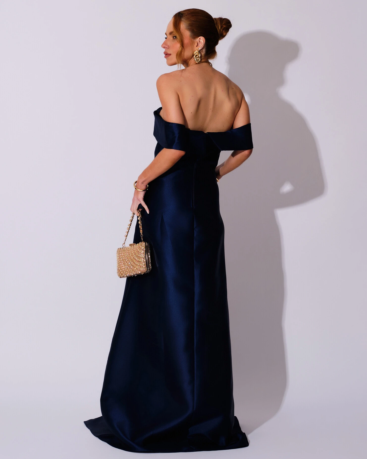 FotoVestido de Festa Longo Zibeline Ombro a Ombro Drapeado e Fenda Azul Marinho