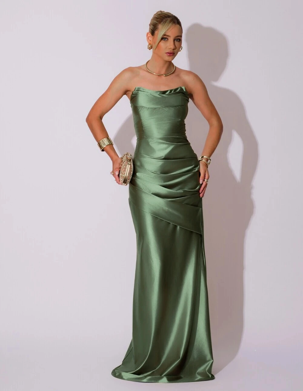 Vestido de Festa longo Cetim Malha Metálico Tomara que Caia Detalhe Drapeado Verde Escuro