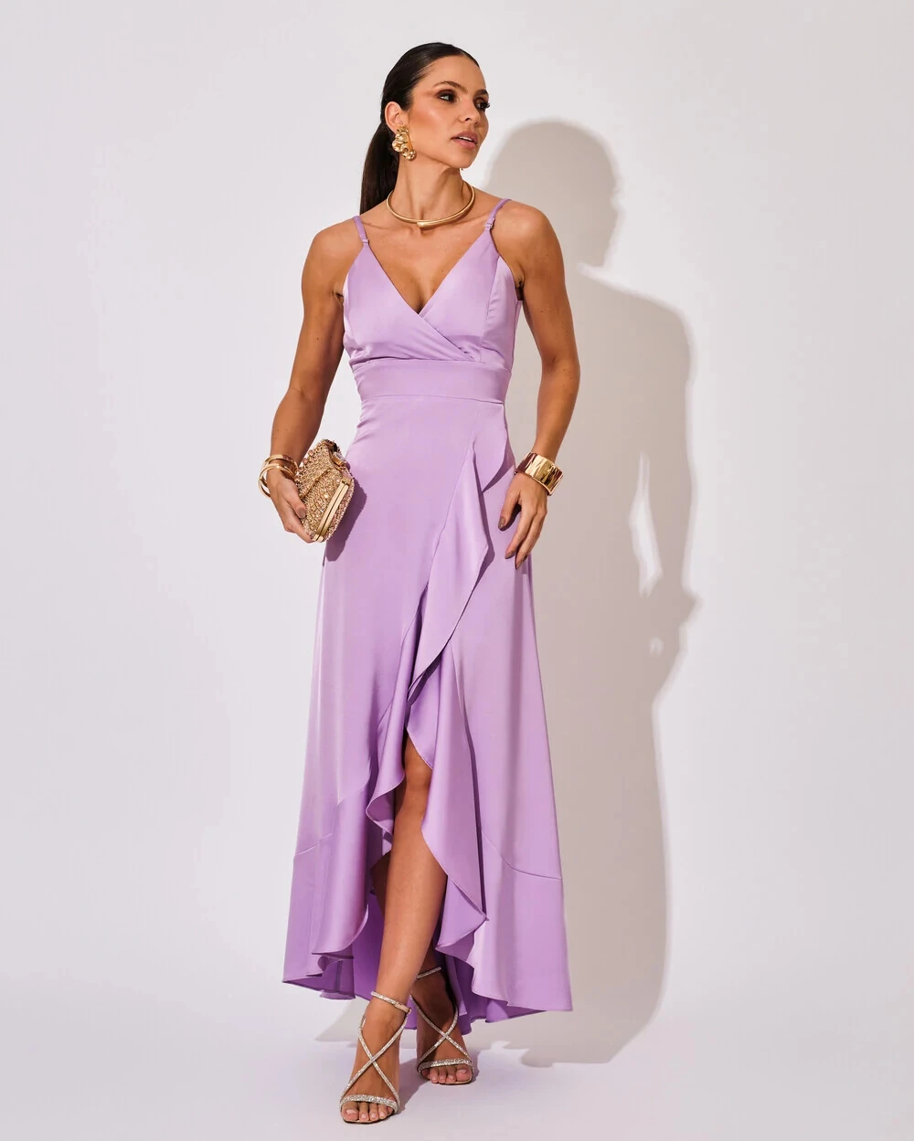 Vestido Midi Babado Acetinado Lilás