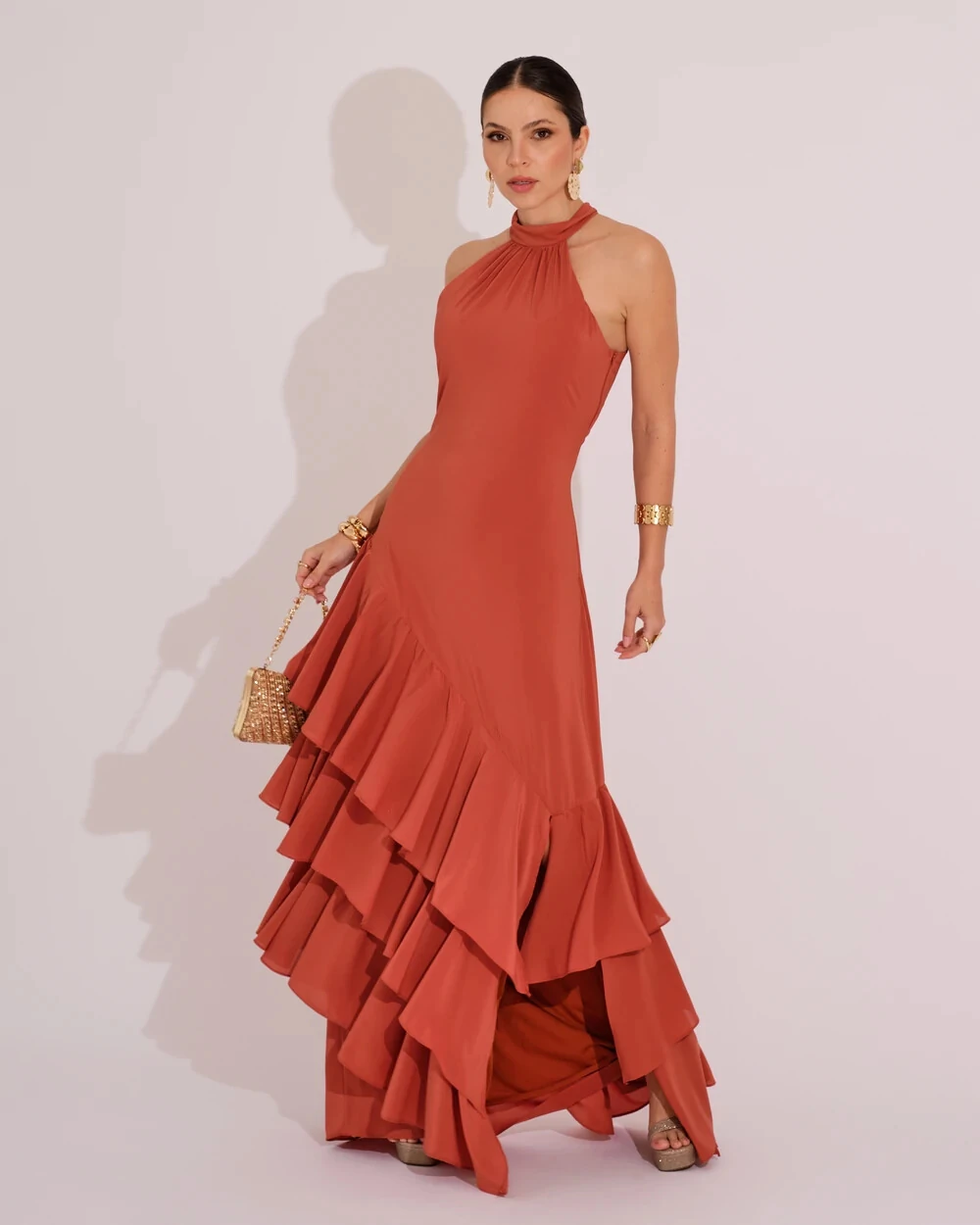 Vestido de Festa Longo Chiffon Crepe Gola Alta Babados Terracota