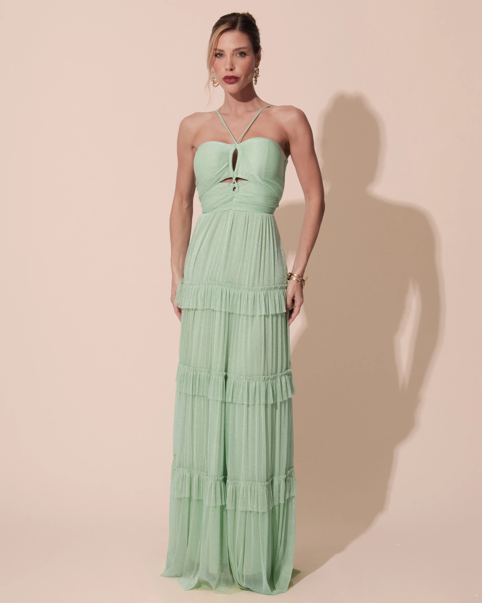 FotoVestido de Festa Longo Tule com Saia Babado Verde Lima