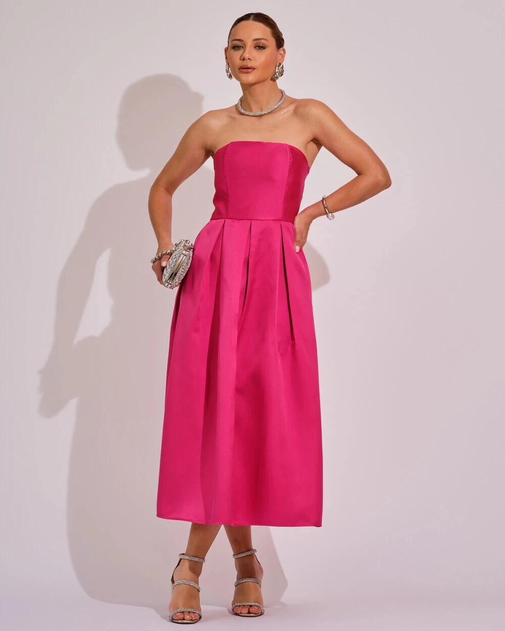 Vestido Midi Tomara que Caia Zibeline Com Pregas Pink
