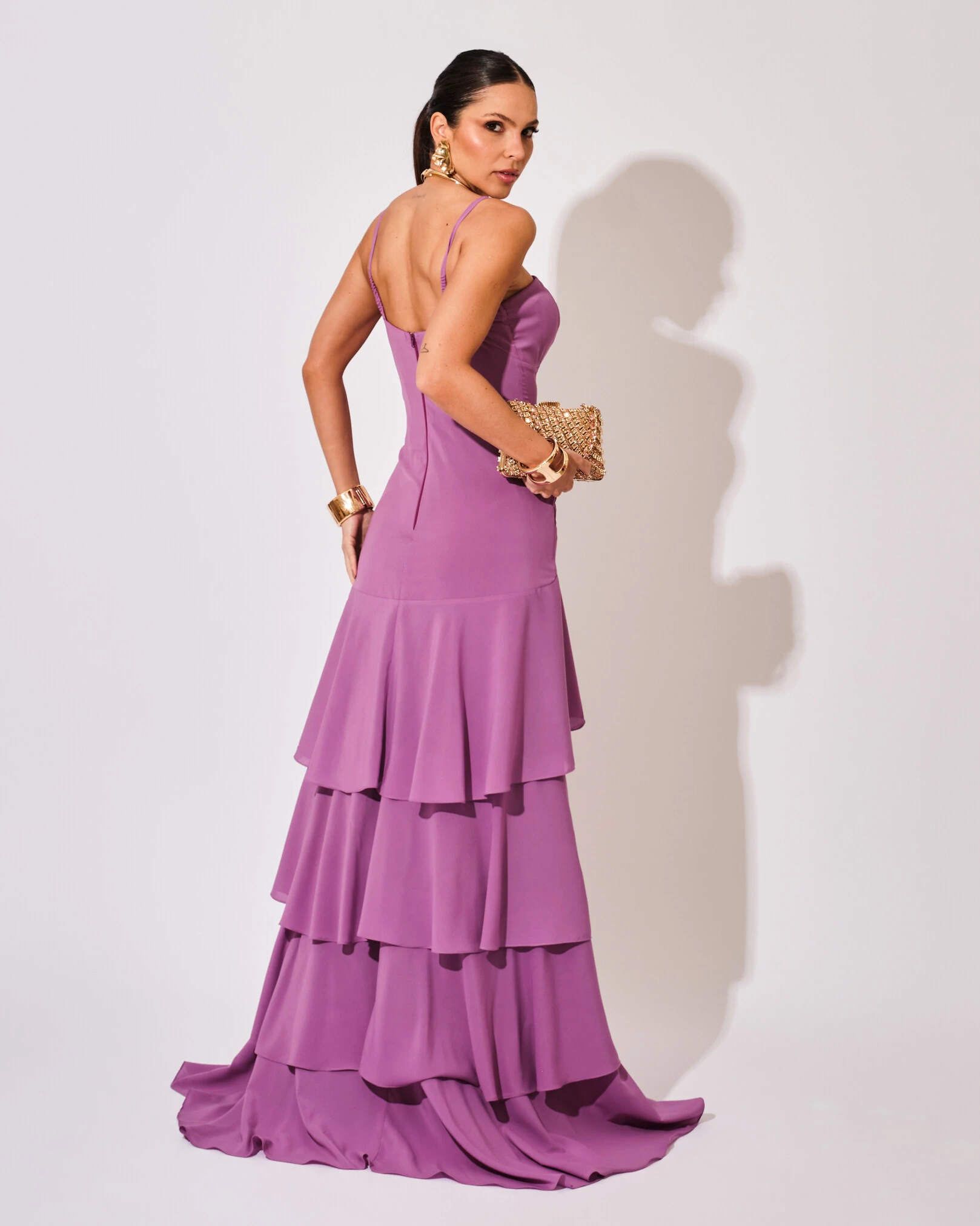 FotoVestido Longo Crepe com Babado em Camadas Fúcsia