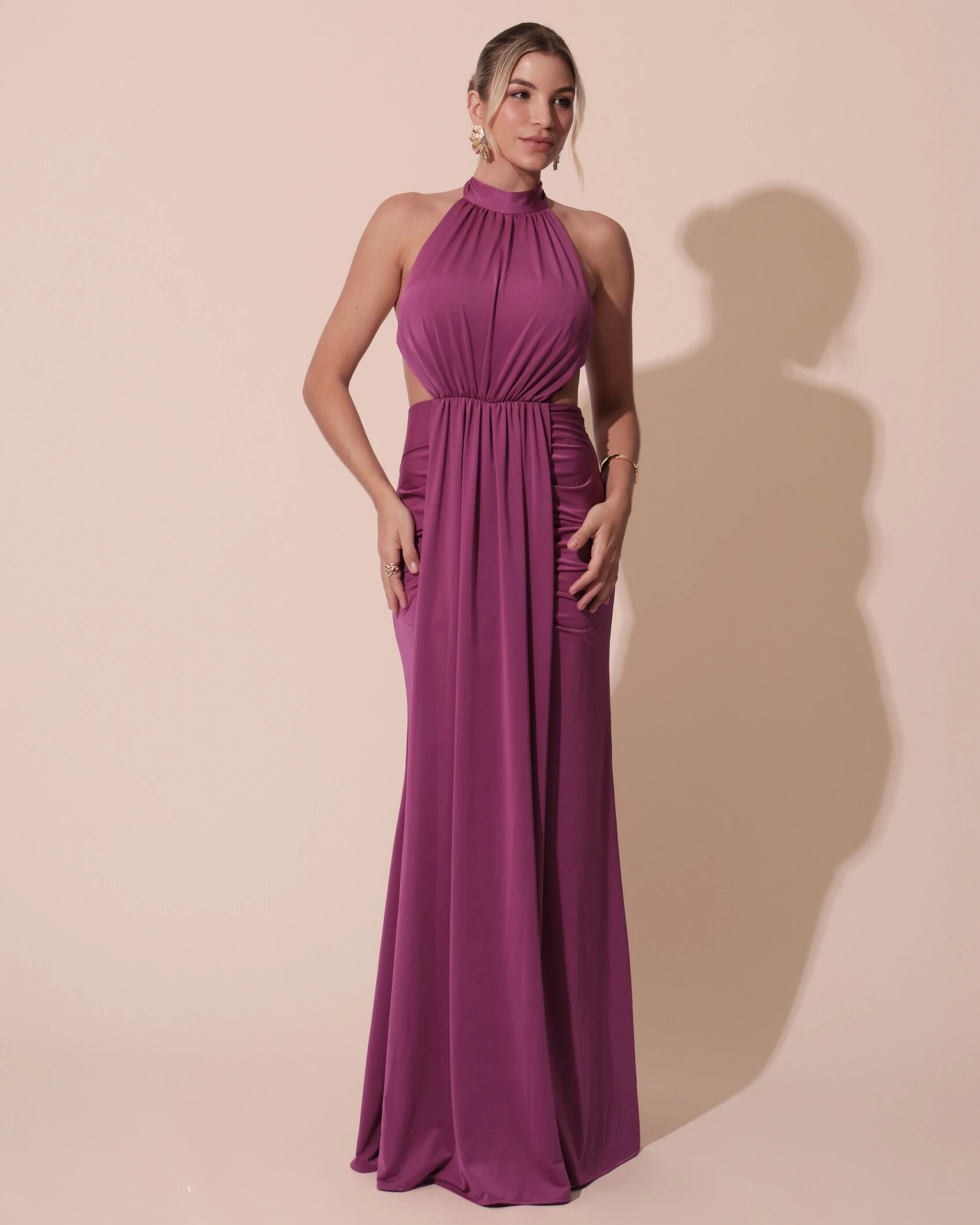 FotoVestido de Festa Longo Malha Jersey Gola Alta Saia Sereia Fúcsia