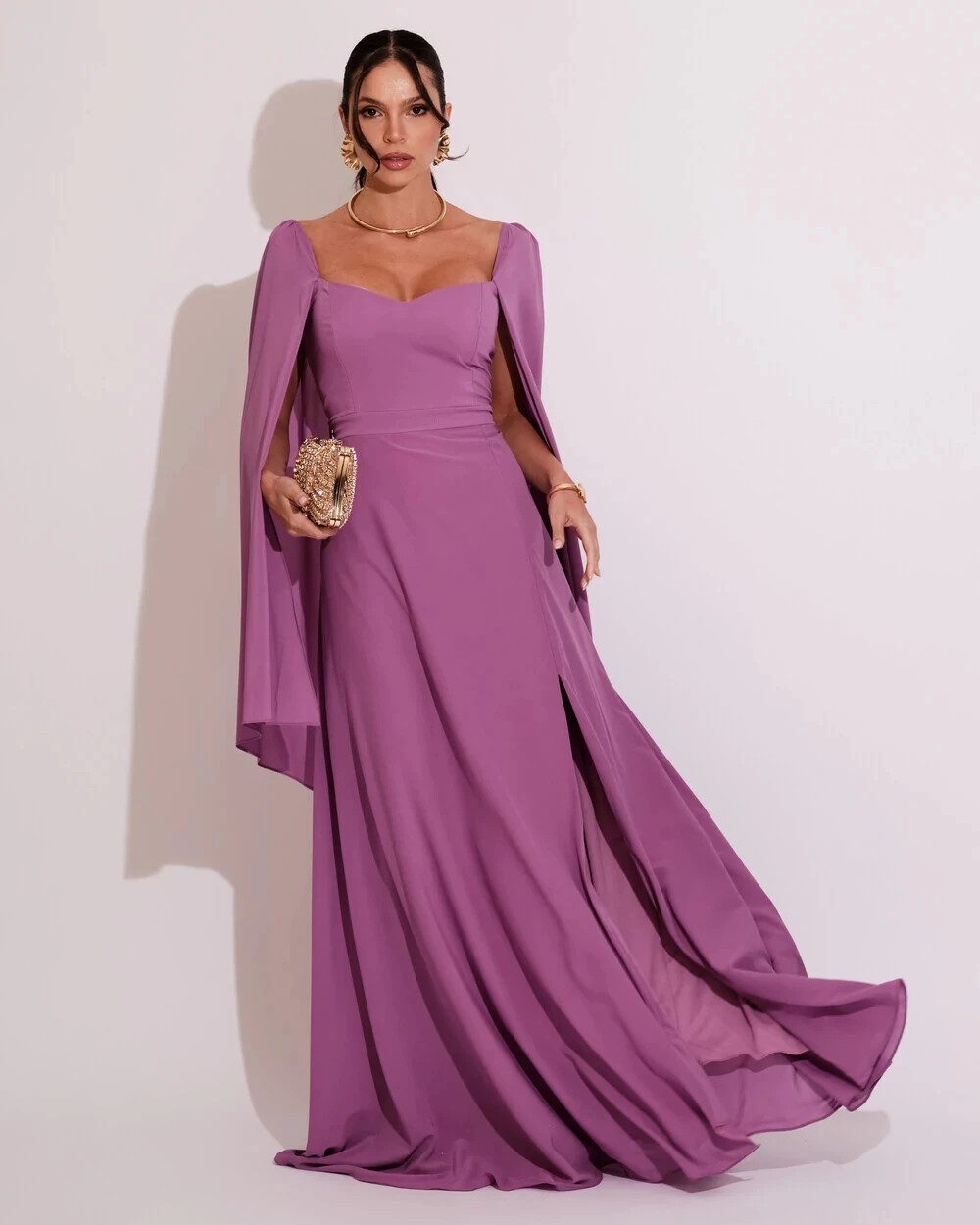 Vestido de Festa Longo com Capa Fúcsia