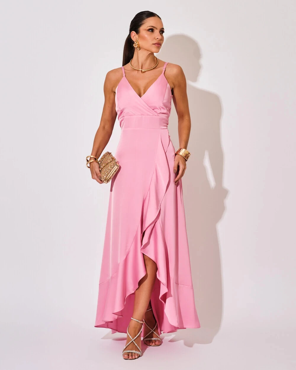 Vestido Midi Babado Acetinado Rosa