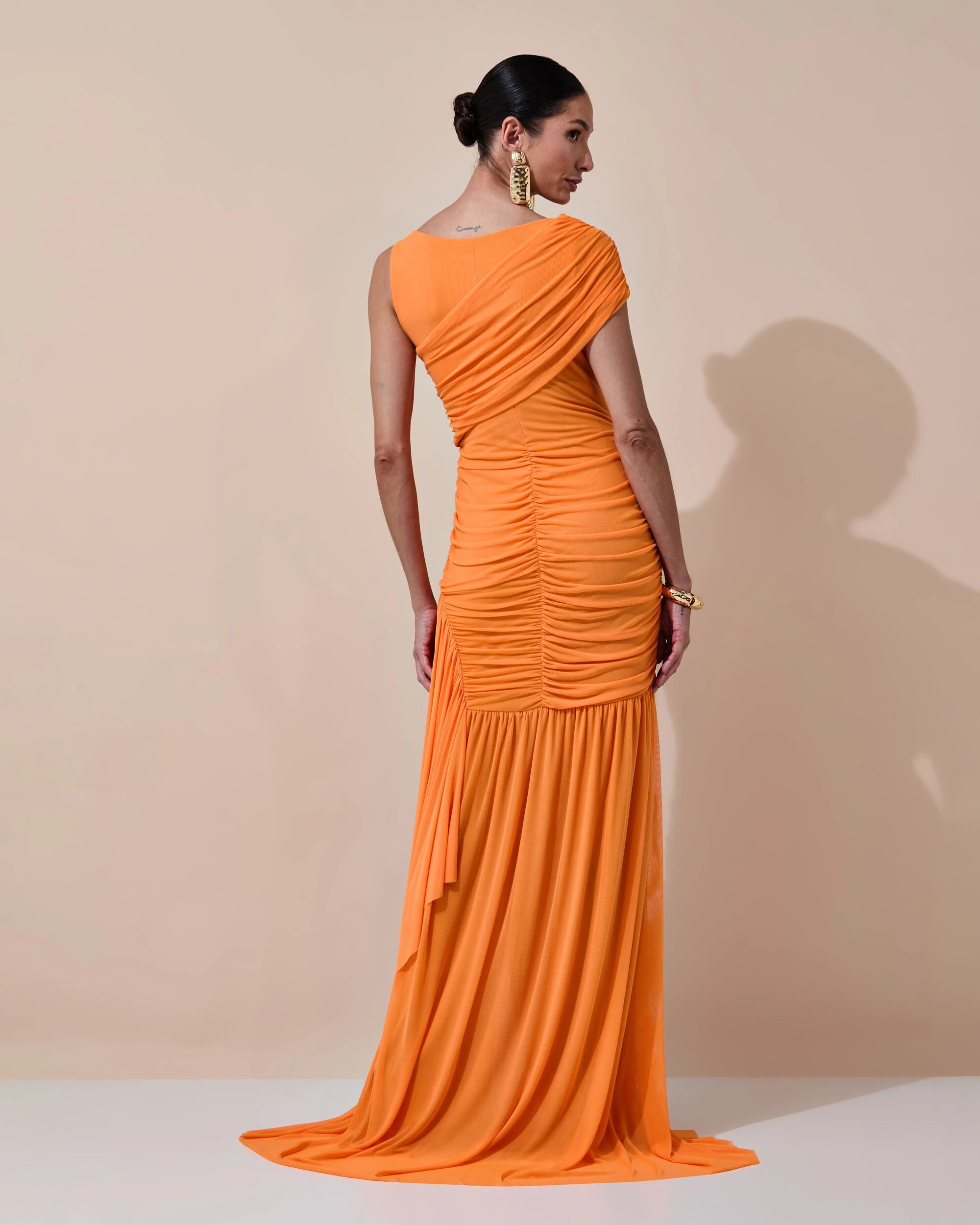 Foto Vestido de Festa Longo Tule Faixa Detalhe Drapeado Laranja New