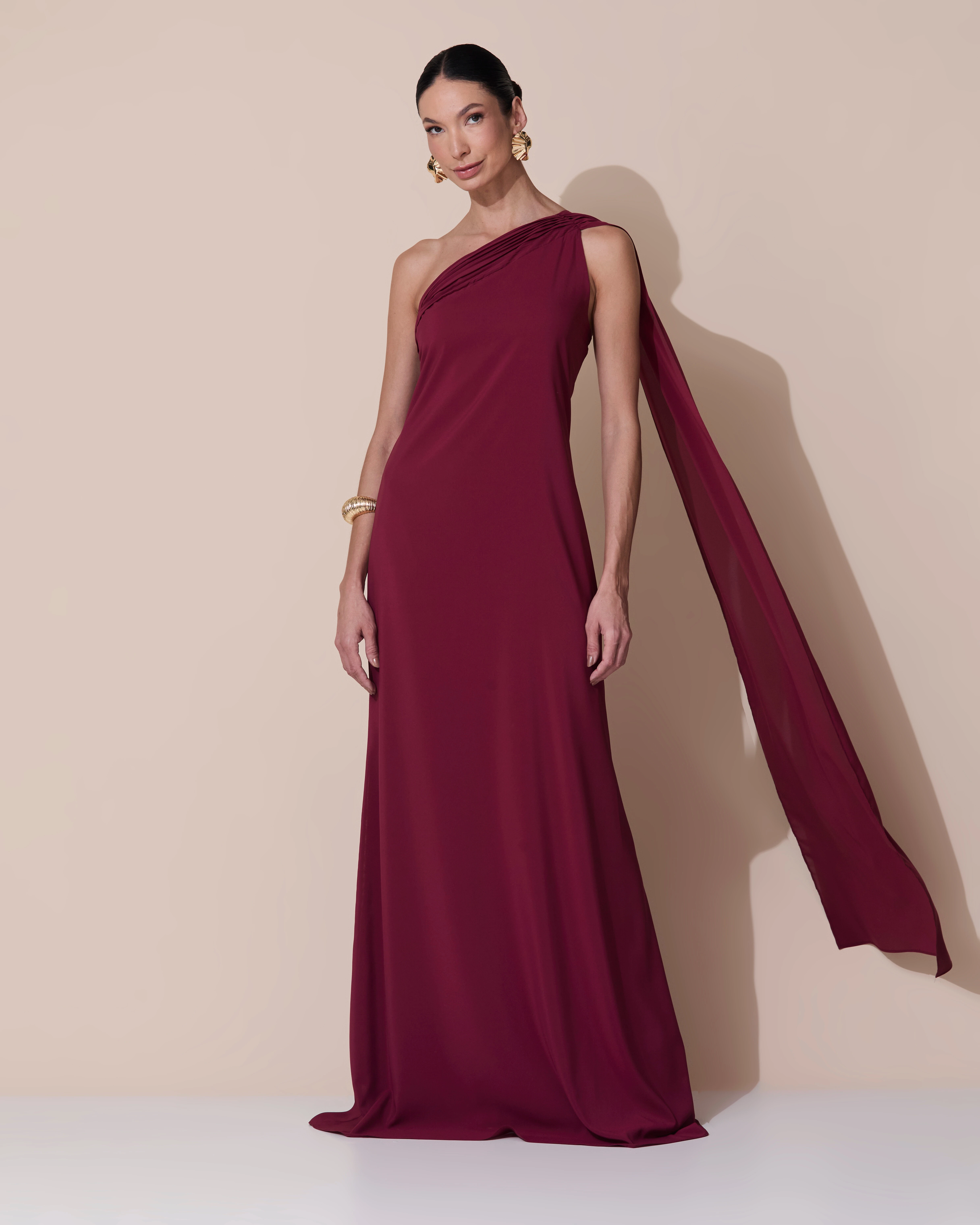 Foto Vestido de Festa Longo Crepe Chiffon Um Ombro Só Drapeado Marsala New