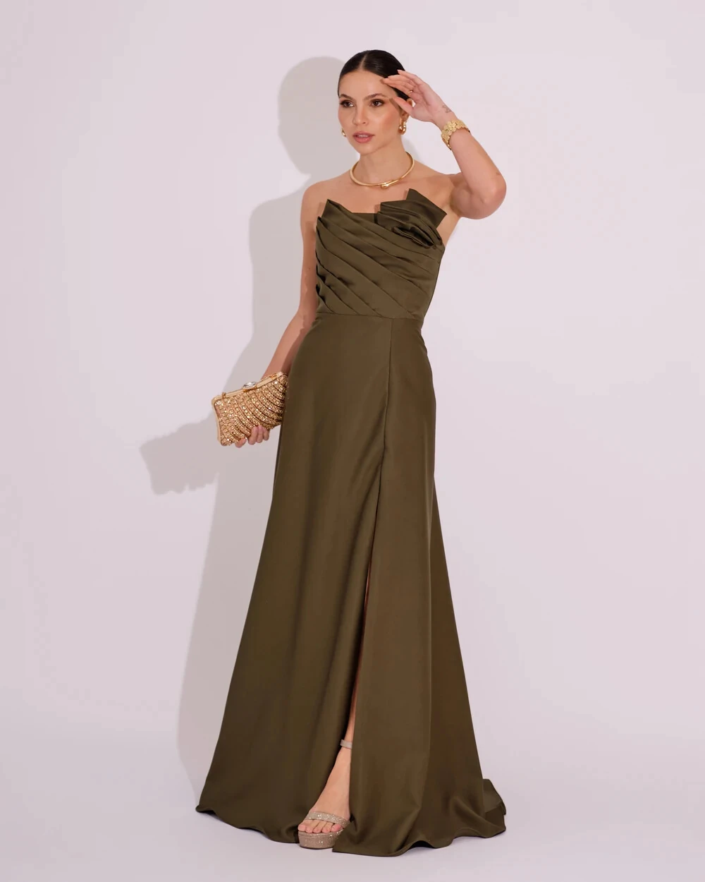 Vestido de Festa Longo Alfaiataria Tomara que Caia com Fenda Detalhe Verde Oliva