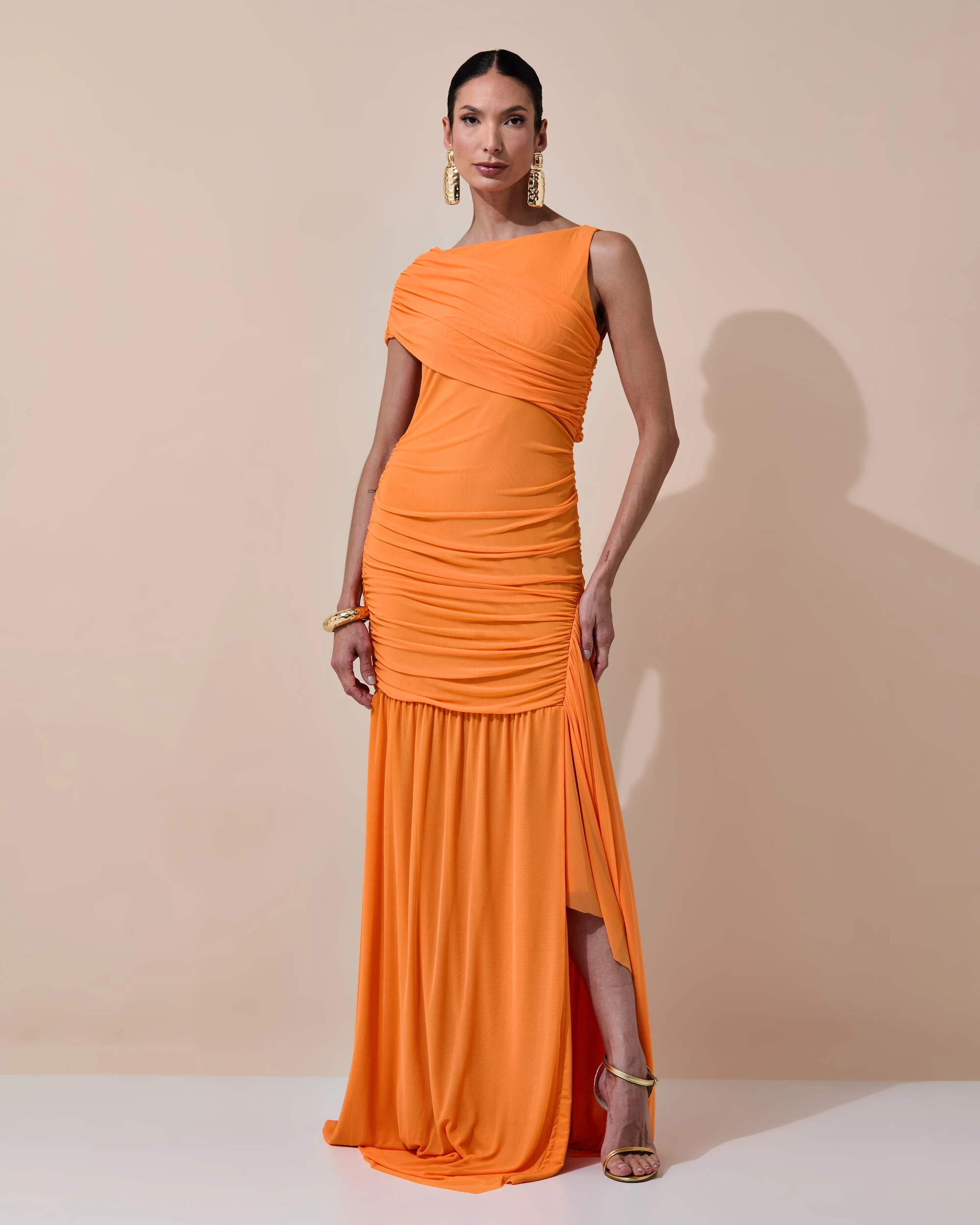 Foto Vestido de Festa Longo Tule Faixa Detalhe Drapeado Laranja New
