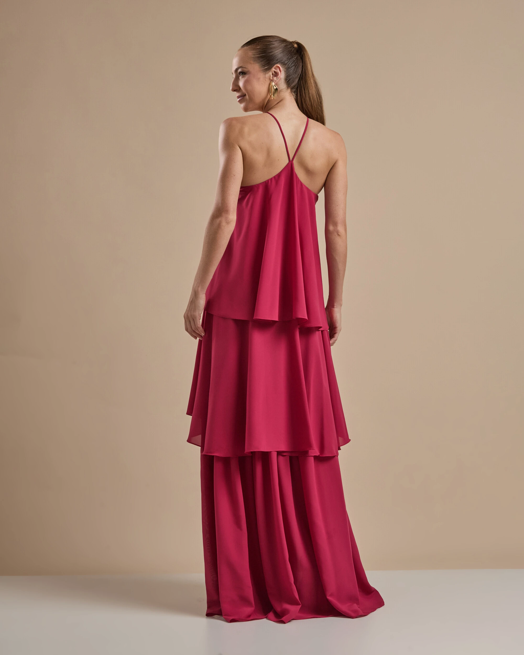 FotoVestido Longo Babado em Camadas Cereja