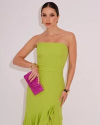 Vestido Longo com Fenda de Babados Alfaiataria Verde Lima